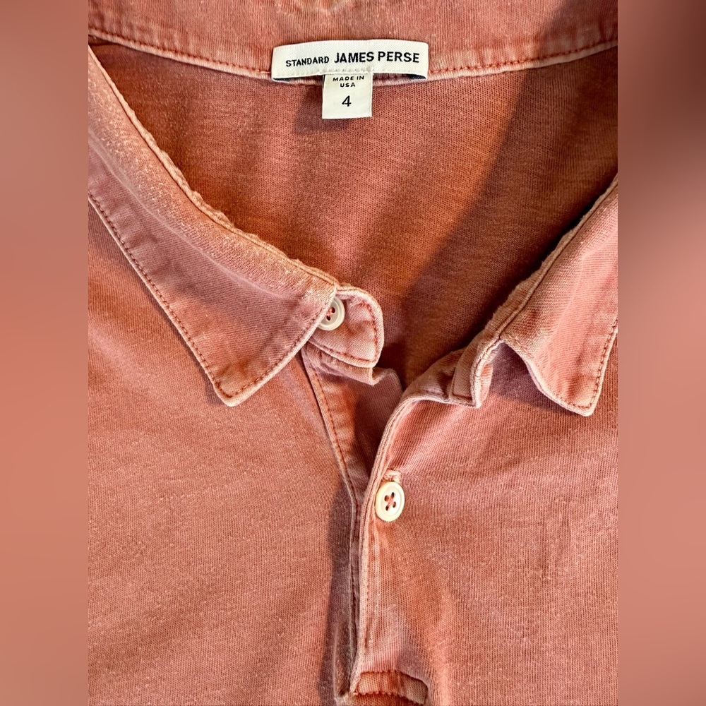 James Perse Standard Polo Shirt Made USA Garment Dyed Rose Large - Picture 2 of 11
